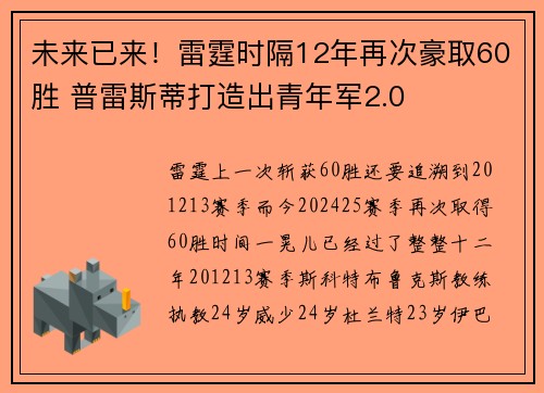未来已来！雷霆时隔12年再次豪取60胜 普雷斯蒂打造出青年军2.0