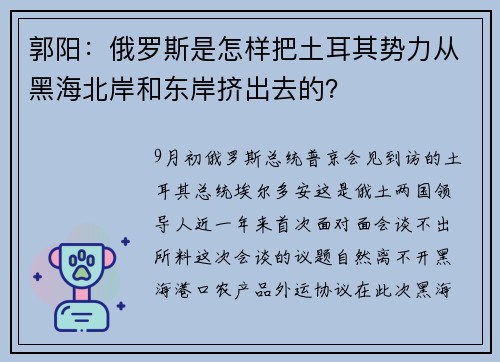 郭阳：俄罗斯是怎样把土耳其势力从黑海北岸和东岸挤出去的？